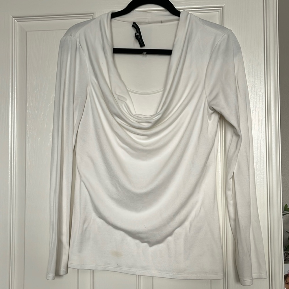 White House Black Market cream color long sleeve top with drape neck